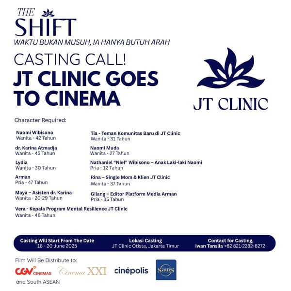 JT Clinic Goes to Cinema Mencari Pemeran untuk Film "THE SHIFT"!